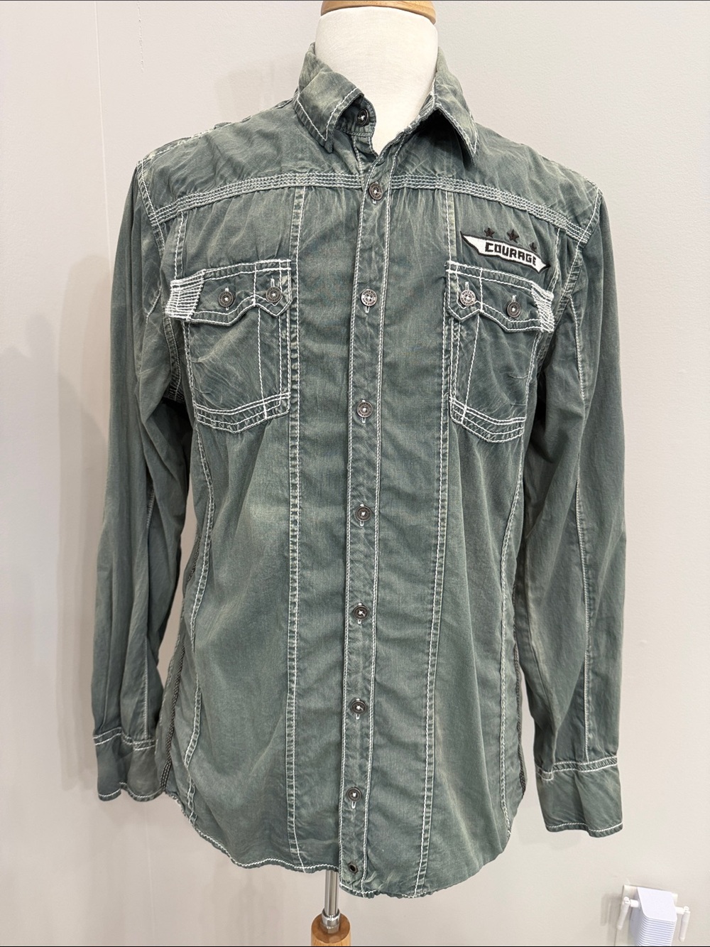Buckle Distressed Olive Green Button-Down Shirt
